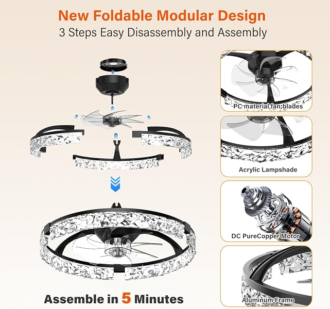 Ceiling Fans with Lights and Remote,20''Low Profile Ceiling Fan,3000-6000K Dimmable Modern Flush Mount LED Fan Light,6 Wind Speeds for Bedroom (Black, 20-inch Foldable Diamond)