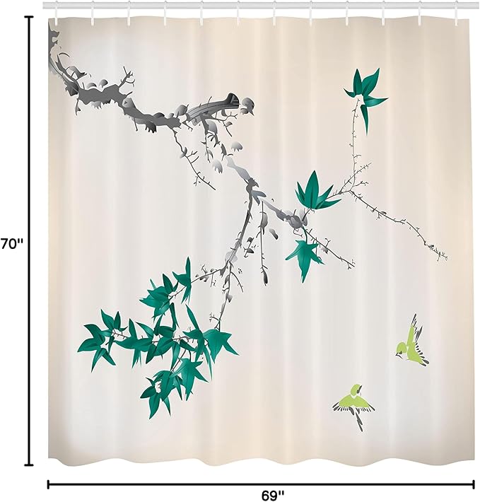 Ambesonne Japanese Shower Curtain, Cherry Blossom Sakura Tree Branches Romantic Spring Themed Watercolor Picture, Cloth Fabric Bathroom Decor Set with Hooks, 69" W x 70" L, Dark Seafoam