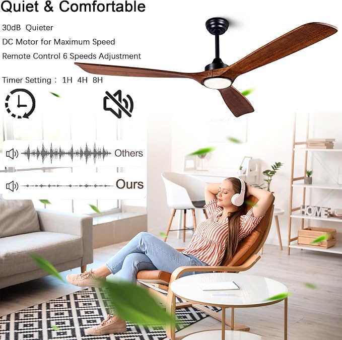 60'' Solid Wood 3Blades Ceiling Fan Light DC Motor APP Remote 3CCT Dimmable | walnut solid wood blades, pure copper quiet dc inverter motor, remote & app control,3cct dimmable led light,indoor farmhouse