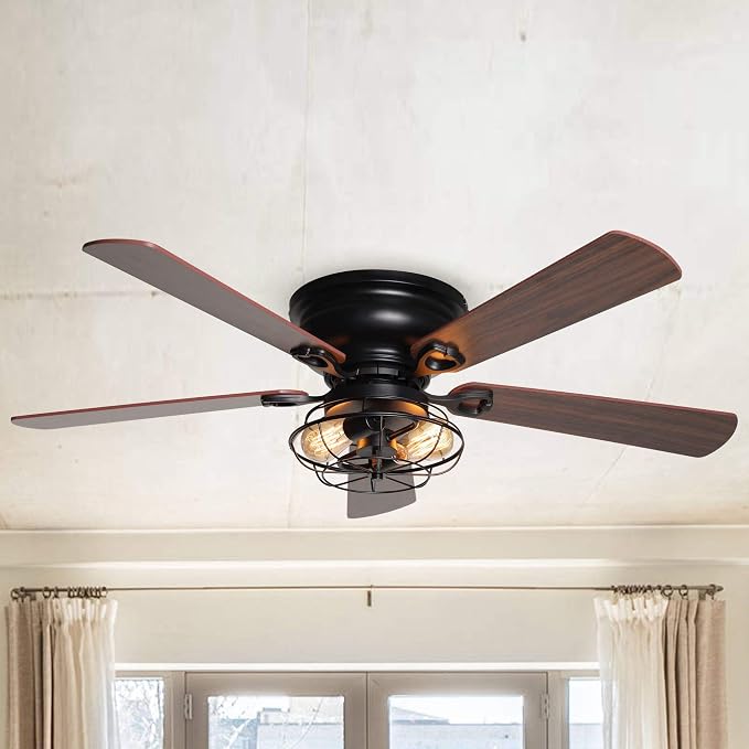 48" Farmhouse Low Profile Ceiling Fan with Light & Remote, Outdoor Flush Mount Ceiling Fans for Bedroom Living Room, 5-Blades 3-Speed Quiet Reversible Motor, Timer Function