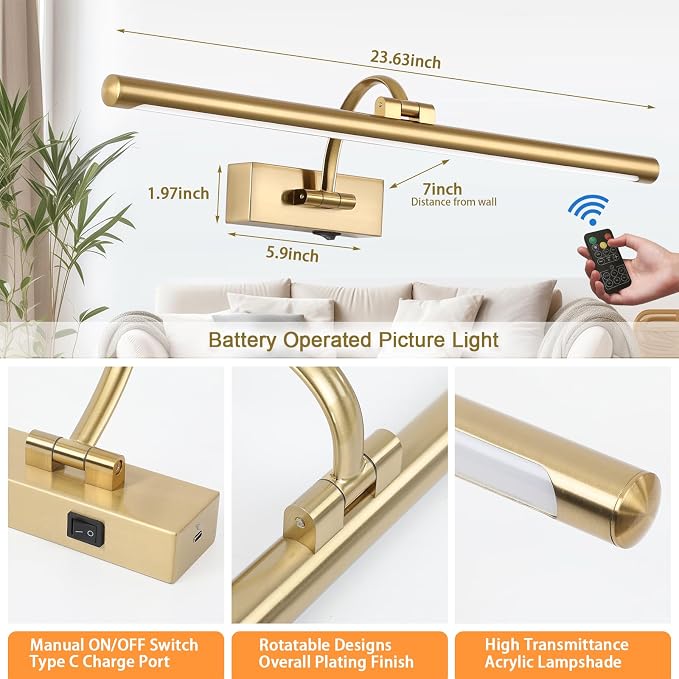 Tassuowell Picture Light Battery Operated with Remote, 3CCT Dimmable Picture Light for Paintings, Brass Rechargeable 24 inch Battery Operated Wall Sconce for Art Lighting Gallery Portrait Artwork
