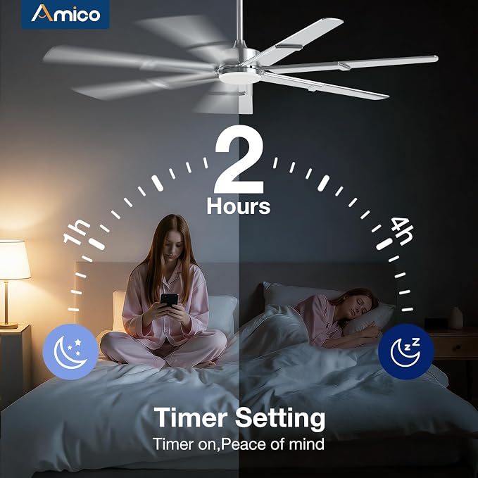 Amico Ceiling Fans with Lights,66 inch Nickel Ceiling fan with Light and Remote, 6 Speed Reversible DC Motor, 3CCT, Dimmable, Quiet, Timer, Outdoor Ceiling Fan with Light for Patios, Indoor/Outdoor