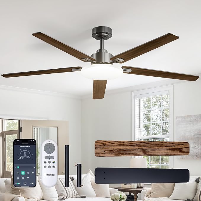 Passky Ceiling Fans with Lights, 60 inch Sleek Ceiling Fan with Light and Remote Control, 3CCT, Dimmable, Reversible, Noiseless, Black Ceiling Fan for Bedroom, Living Room