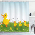 Ambesonne Cartoon Shower Curtain, Mother Duck Walking and Singing on The Meadow Flowers, Cloth Fabric Bathroom Decor Set with Hooks, 69" W x 70" L, Pale Blue Mustard