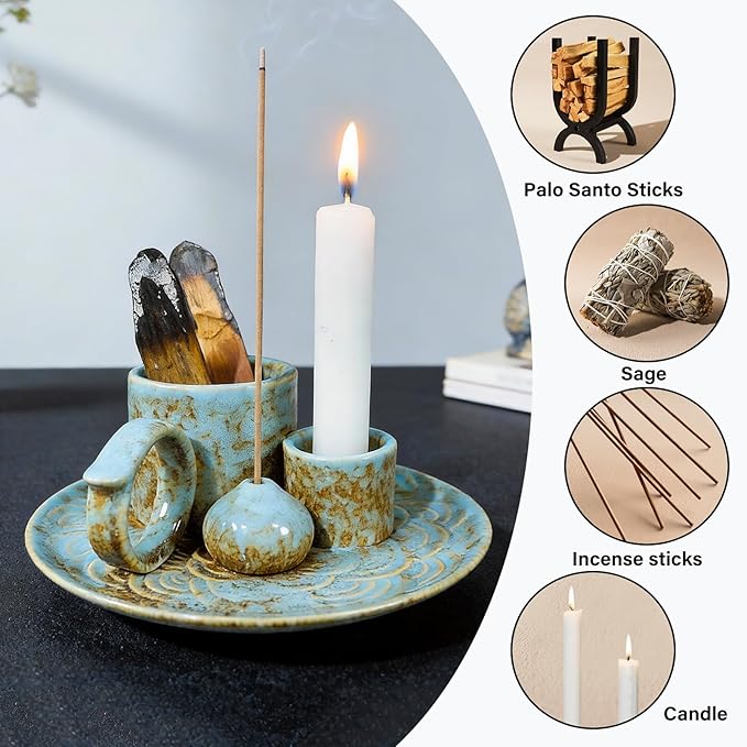 Tnstbiee 4-in-1Blue Ceramic Palo Santo Burner Holder - Small Incense Burner & Smudge Tray Bowl for Incense Sticks/Cones & Sage - Ideal for Meditation Rooms,Zen and Aromatic Scents - Matches Compatible