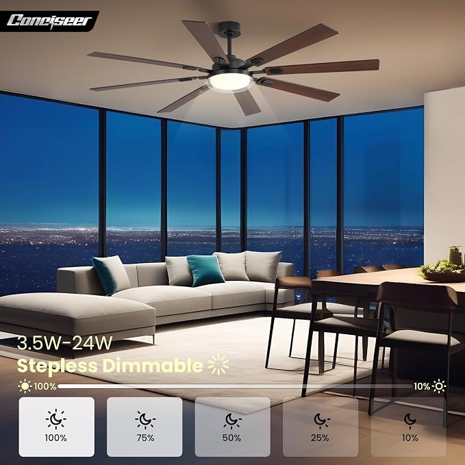72 Inch Ceiling Fans with Lights and Remote, Living Room Office Library Industrial, 5CCT Dimmable, Dual Color 8 Blades, 6 Speed Reversible Quiet DC Motor, Double-Layer Lampshade, Black/Wood Grain