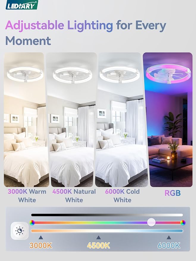 LEDIARY Ceiling Fan with Light,20inch Low Profile Fandelier with Remote RGB | RGB,6 Speeds, Reversible DC Motor, Dimmable Flush Mount Fan Light, Modern fans for Bedroom