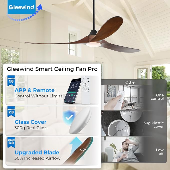 72 inch Outdoor Ceiling Fan with Lights-Glass Lamp, Large Damp Rated Wood Propeller Blades for Big Patios & Porch, Smart APP and Remote Control, 3 Blades Dimmable LED Ceiling Fans, High CFM-Walnut