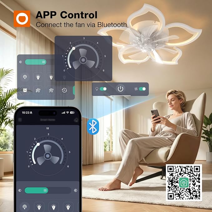 addlon Ceiling Fans with Lights and Remote, 27'' Low Profile Flush Mount Ceiling Fan, 3000–6000K Dimmable LED Fandelier, Flower Fan Light for Bedroom, Kitchen, Living Room, White