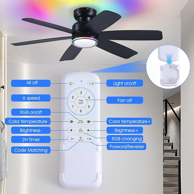 Kviflon 46" Modern Ceiling Fans with RGB Lights Remote/APP Control, Low Profile Flush Mount Ceiling Fan, 6 Reversible Plastic Blades 6 Speeds, RGB + 3 CCT Dimmable Lights for Bedroom Kidsroom, Black