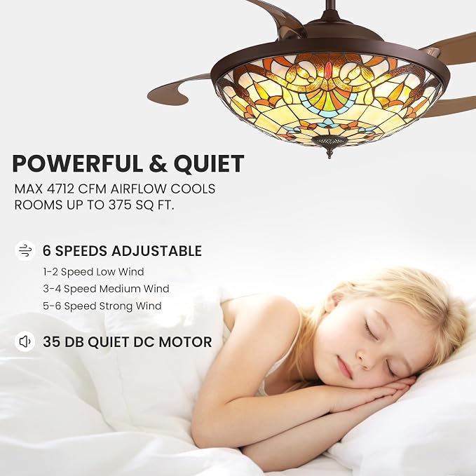 52inch Ceiling Fan Tiffany Style Stained Glass Retractable Ceiling Fans with Remote & Dimmable Light 6-Speed Reversible Motor for Bedroom Dining Room Living Room Kitchen