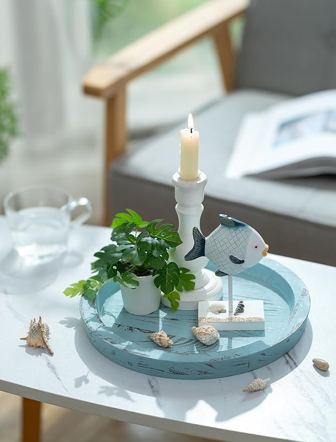 Hanobe Candle Plate Holder Tray: Round Wood Decorative Candle Plate - Rustic Farmhouse CoffeeTable Decor - Tealight Pillar Trays for Home Decor (Ocean Blue)