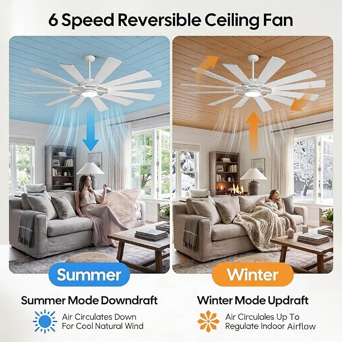 72'' White Outdoor Ceiling Fan with Light,12 Dual-Finish Wind Mill Blades, 3 Downrods, Reversible Motor, High Airflow, Indoor Outdoor Modern Farmhouse Fan for High Space Patio Commercial Shop Barn