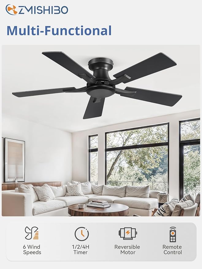 ZMISHIBO 42 Inch Ceiling Fan No Light, Flush Mount Low Profile, Modern Black Ceiling Fan Without Light, Remote Control & Quiet DC Motor, for Indoor&Outdoor, Bedroom, Living Room
