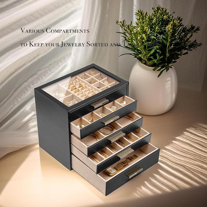 VLANDO 5-Drawer Jewelry Box with Glass Lid, Faux Leather Organizer for Rings Earrings Necklaces and More, Gift-Ready Jewelry Case for Women Girls or Moms, Black
