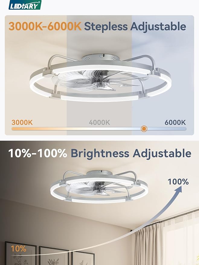 LEDIARY Ceiling Fans with Lights and Remote, 24'' Low Profile Ceiling Fan with Light, 3000-6000K Dimmable Fandelier LED Fan Light, 6 Wind Speeds, Grey Modern Flush Mount Ceiling Fan for Bedroom