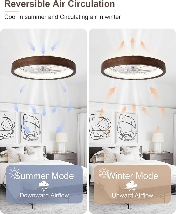 24'' Ceiling Fan with Light Fandelier Flush Mount Low Profile Wood Ceiling Fan with Dimmable LED Light 3 Color 6 Speeds