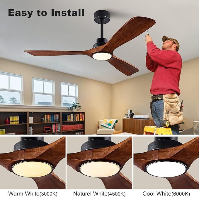 QUTWOB 52" Wood Ceiling Fan with Light, Reversible DC Motor, Remote Control | solid wood blades, quiet 6-speed reversible dc motor, remote control, dimmable 3-color led, for indoor outdoor bedroom patio