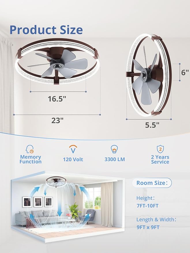 ZMISHIBO Low Profile Ceiling Fans with Lights, Flush Mount Modern Ceiling Fan and Remote Control, 23" LED Ceiling Fans, Stepless Dimmable 3 Colors and 6 Speeds (Brown, 23")