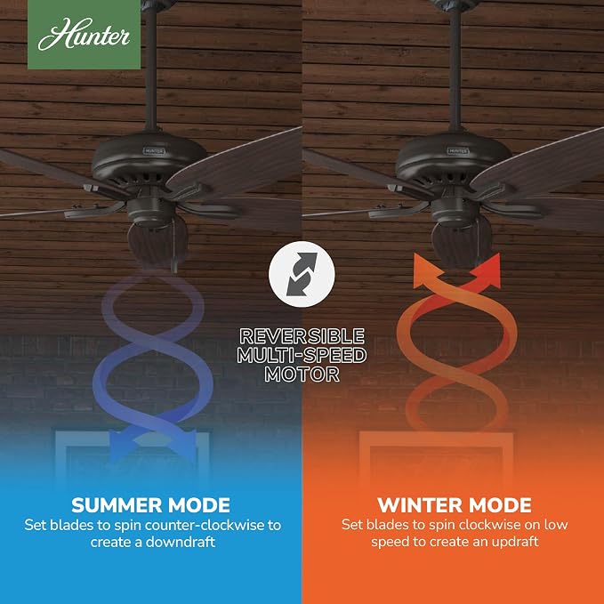 Hunter 52 inch Indoor Ceiling Fan No Light with Pull Chain - Bronze Ceiling Fan without Light, Standard Mount, 5 Blades, For Bedroom, Living Room, or Kitchen, Quiet - Newsome 53320, Premier Bronze
