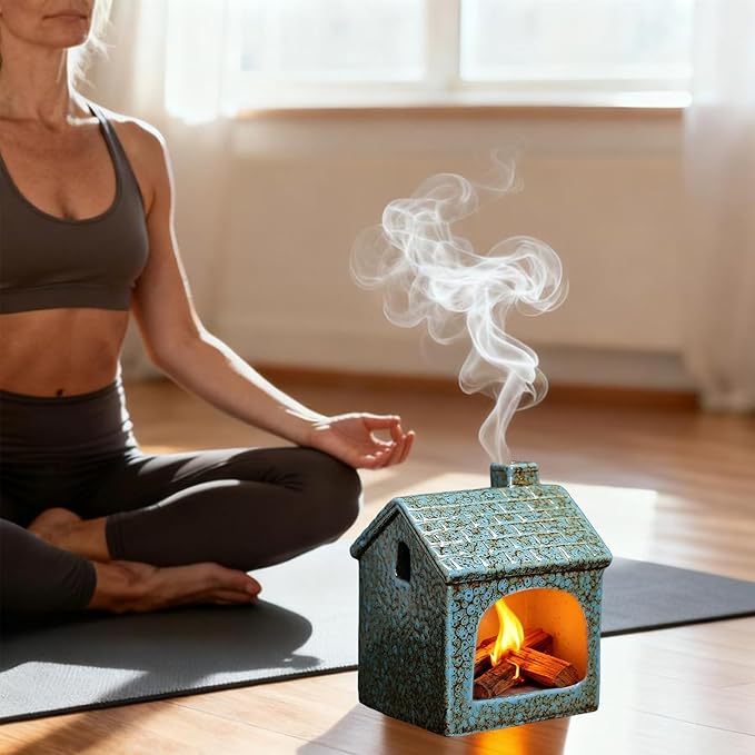 Ceramic Mini Chiminea Palo Santo Burner | Sage & Incense Cone Holder | Stable Smudge Bowl for Zen Altar, Meditation, Yoga | Home Decor & Gift (Blue)