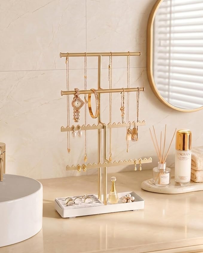 Lolalet 4-Tier Jewelry Organizer Stand, Metal Jewellery Holder, Dresser Display Rack for Necklace Earring Bracelets Rings, Gift for Women Girls -Gold