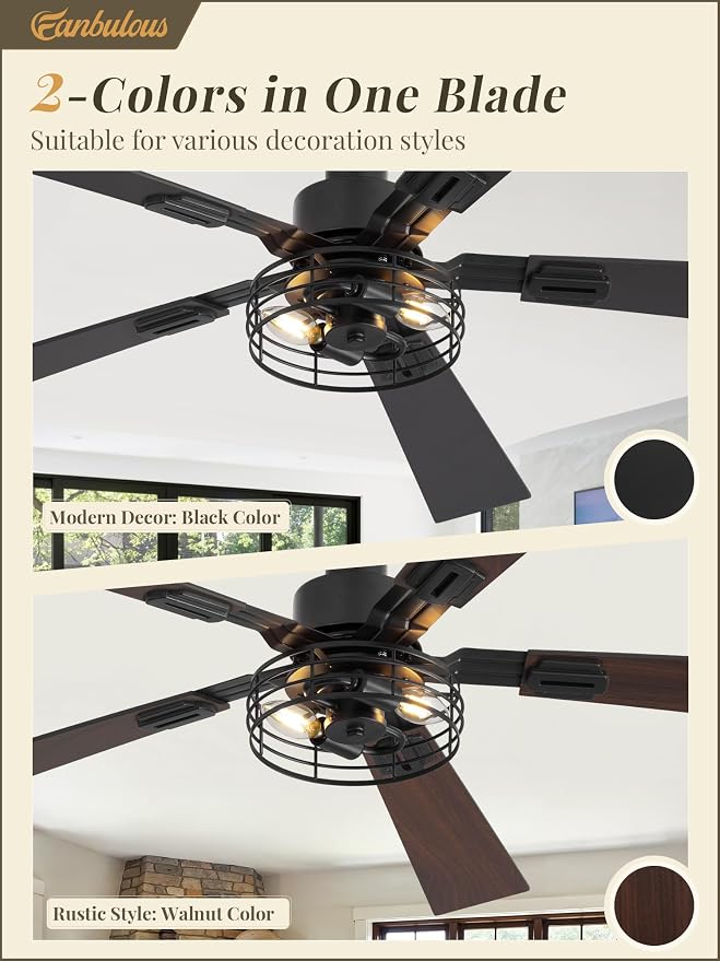 Fanbulous 48 Inch Farmhouse Ceiling Fan with Light and Remote, Rustic Caged Ceiling Fans with 3 Timers, Quiet DC Motor, 5 Dual-Finish Blade for Bedroom Kitchen Small Living Room, Black, 2-Pack