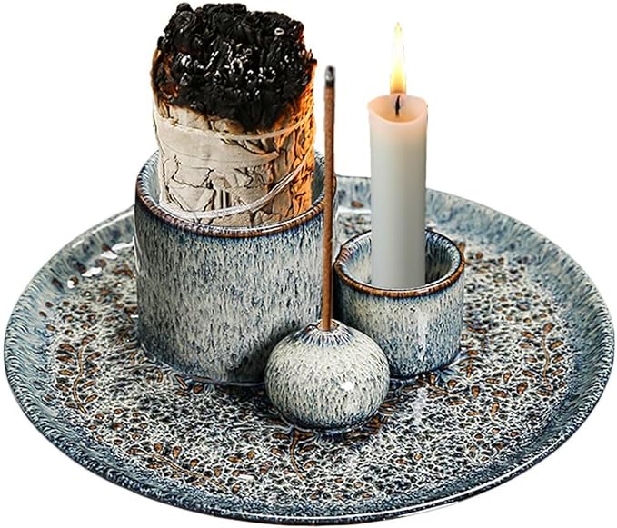 Incense Burner, Sage Palo Santo Candle Sticks Holder for Burning with Ash Catcher Tray, Handmade Ceramic Multi-Use Aromatherapy Tray for Meditation, Yoga, Home Decor (Blue)