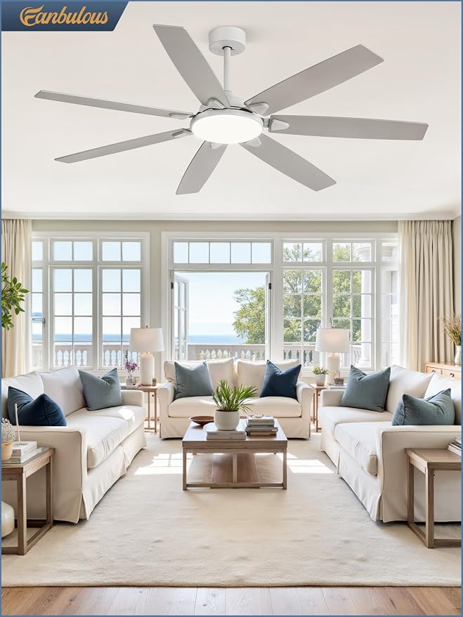 Fanbulous 62 Inch Large Ceiling Fans with Lights and Remote, Grey Modern Ceiling Fan with 3CCT LED Light, Quiet DC Motor,Indoor/Outdoor Ceiling Fan with 7 Dual Finish Blades for Living Room, Patio