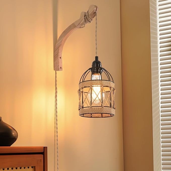 Plug in Wall Sconce,Farmhouse Wicker Wall Lamp Plug in,Hand Woven Rattan Wall Light Farmhouse Rustic Boho Sconces Wall Lighting for Living Room Bedroom