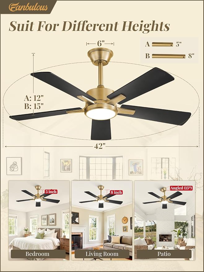 Fanbulous 42 Inch Black and Gold Ceiling Fans with Lights and Remote, Stepless Color Temperature Change & Dimmable 20W LED Ceiling Fan, 6 Speeds Reversible Quiet DC Motor for Bedroom, Living Room