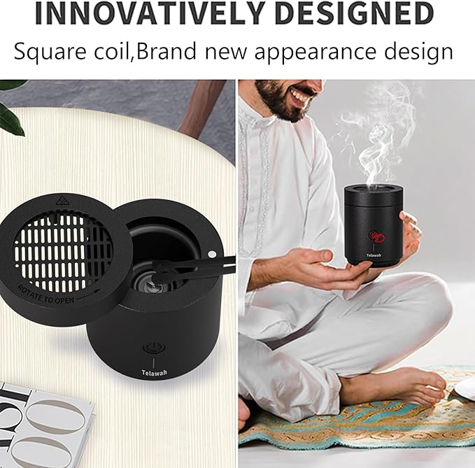Mini Incense Burner Bakhoor Portable Rechargeable USB Aromatherapy Diffuser, 120 Second Burn Time, Arabic Electronic Incense Holder, Home Decor (Black)