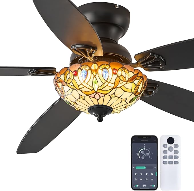 Ceiling Fans with Lights - 52" Ceiling Fan Chandelier with 5 Dual-Blades and Glass Shade, 6 Speeds and Reversible, Indoor and Outdoor, Retro Style