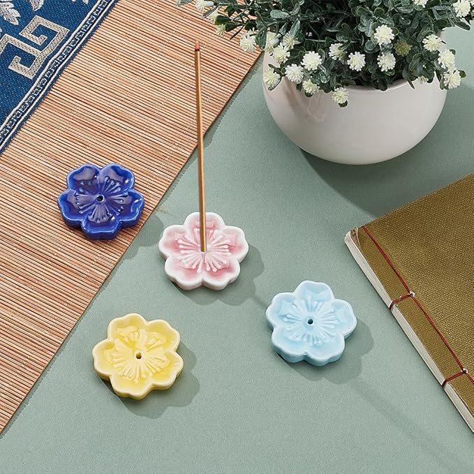 OLYCRAFT 4pcs Cherry Blossom Ceramic Incense Stick Holder 1.8x1.9 Inch Porcelain Sakura Incense Holder 8mm Thick Japanese Flower Incense Stick Tray Incense Burner Holder for Home Desktop Decor-4 Color
