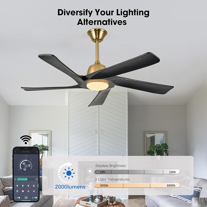 52 Inch DC Ceiling Fan with Light, 5 Solid Wood Blades, Remote and APP Control, 3-color Dimmable, 6-speed Reversible, Noiseless Ceiling Fan for Bedroom, Living Room, Black Gold
