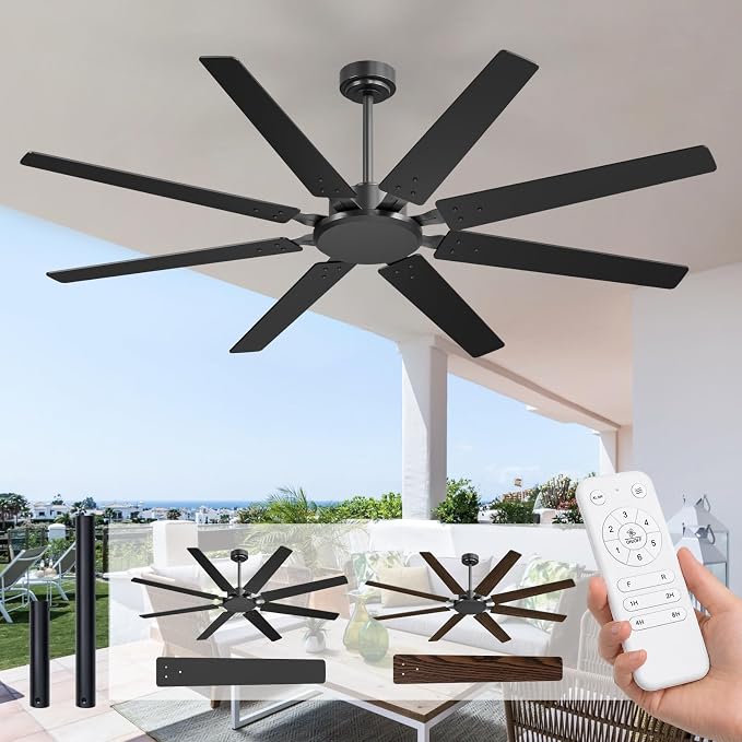 Amico 72 Inch Outdoor Ceiling Fan No Light with Remote, Large Black Ceiling Fan Without Light, Quiet Reversible DC Motor, 6 Speeds, Timer, 8 Blades for Living Room, Covered Patio, Porch, Garage