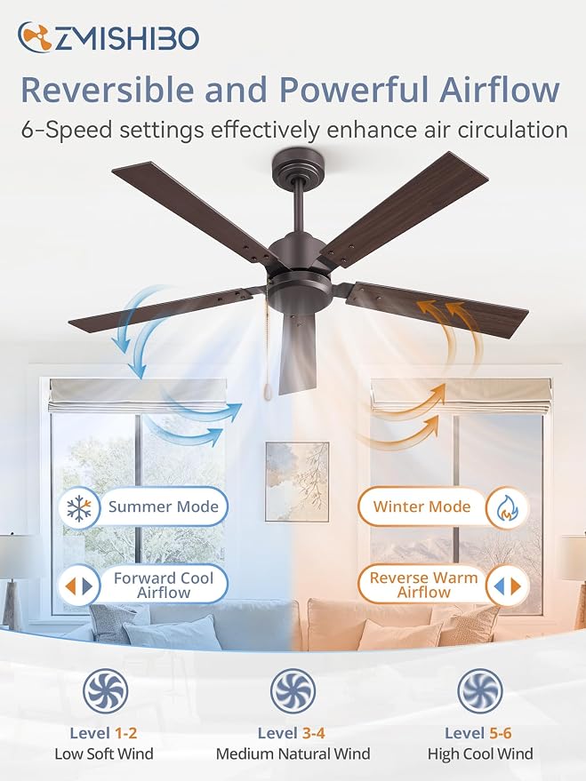 ZMISHIBO 52 Inch Ceiling Fan without Light, Farmhouse Ceiling Fan with Remote & Pull Chain, 6-Speeds, Quiet DC Motor, Brown Ceiling Fan no Light for Bedroom, office, Patio, Indoor/Outdoor Use