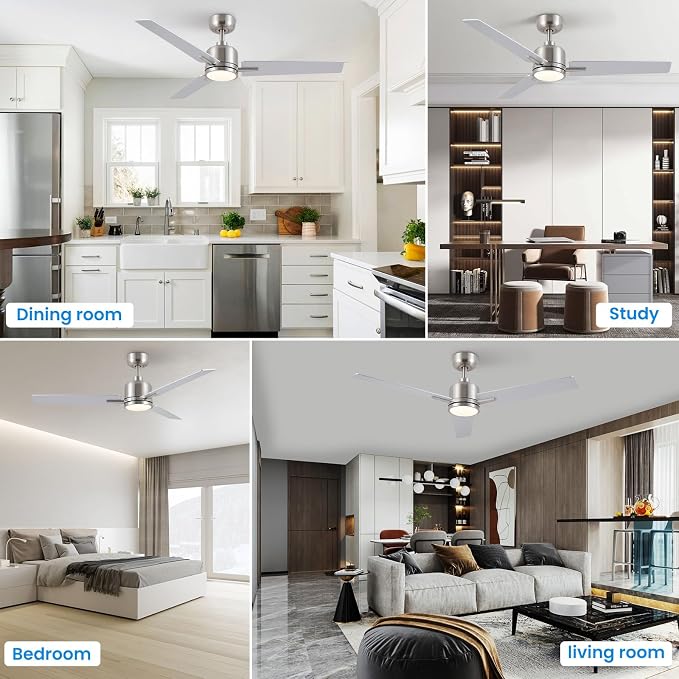 Newday 48 Inch Ceiling Fans with Lights Remote, Brushed Nickel Ceiling Fans Dimmable 3 Color Temperature, Timer, 3 Blades, 6 Speed Modern Fan Quiet Reversible DC Motor for Indoor or Covered Outdoor