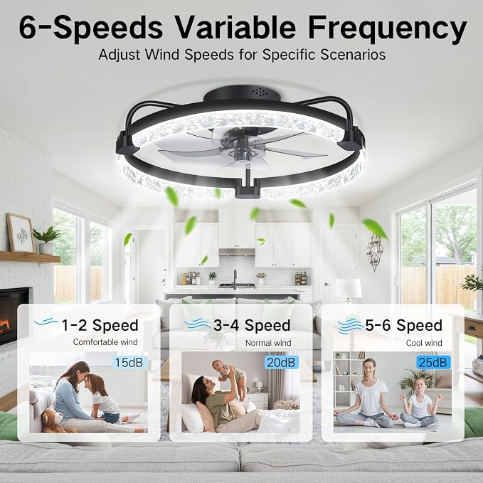 OUTON 20" Fandelier Low Profile Ceiling Fan with Light, Remote & App Control, Flush Mount Ceiling Fan with 3000K-6500K Stepless Dimmable, 6 Speed, Quiet DC Motor, Small Modern Fans for Bedroom