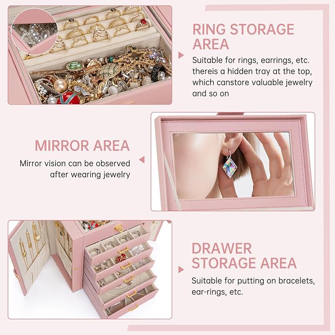 AKOZLIN 6-Tier Jewelry Box Organizer Functional 5 Drawers Leather Jewelry Storage Case for Women Girls Ring Necklace Earring Bracelet Holder Organizer with Mirror Medium Pink