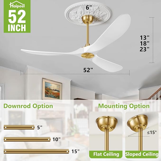 Haipeel 52 Inch Ceiling Fans Without Lights, Wood Ceiling Fan no Light with Remote Control and DC Motor, Indoor Outdoor Ceiling Fan Morden Living Room Bedroom 3 Blades Propeller, White Gold