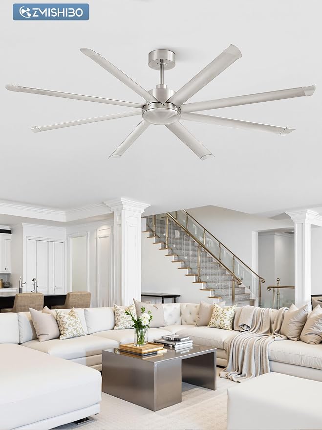 ZMISHIBO 84" Large Industrial Ceiling Fans No light with Aluminum 8 Blades, Commercial Ceiling Fan without Light, Quiet DC Motor, 6 Speeds, Indoor Outdoor Ceiling Fan for Patio, Garage, Shop,Nickel