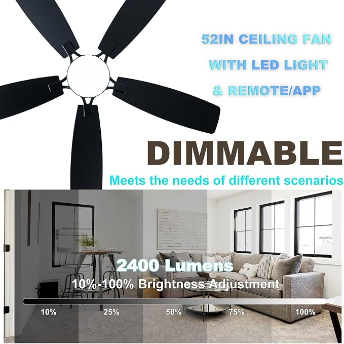 Coolwind 52 Inch Black Flush Mount Ceiling Fan with Display Remote/APP Control, Low Profile Quiet Ceiling Fan with Light, 5 Dual-Sided Blades, Dimmable, DC Reversible Motor for Bedroom, Living Room