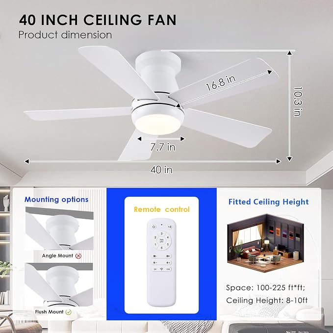Hounberi 40" Low Profile Ceiling Fan with Light and Remote, Flush Mount White Modern Fan for Low Ceilings, Quiet Reversible Motor, 3-CCT Dimmable Lighting for Bedroom & Living Room