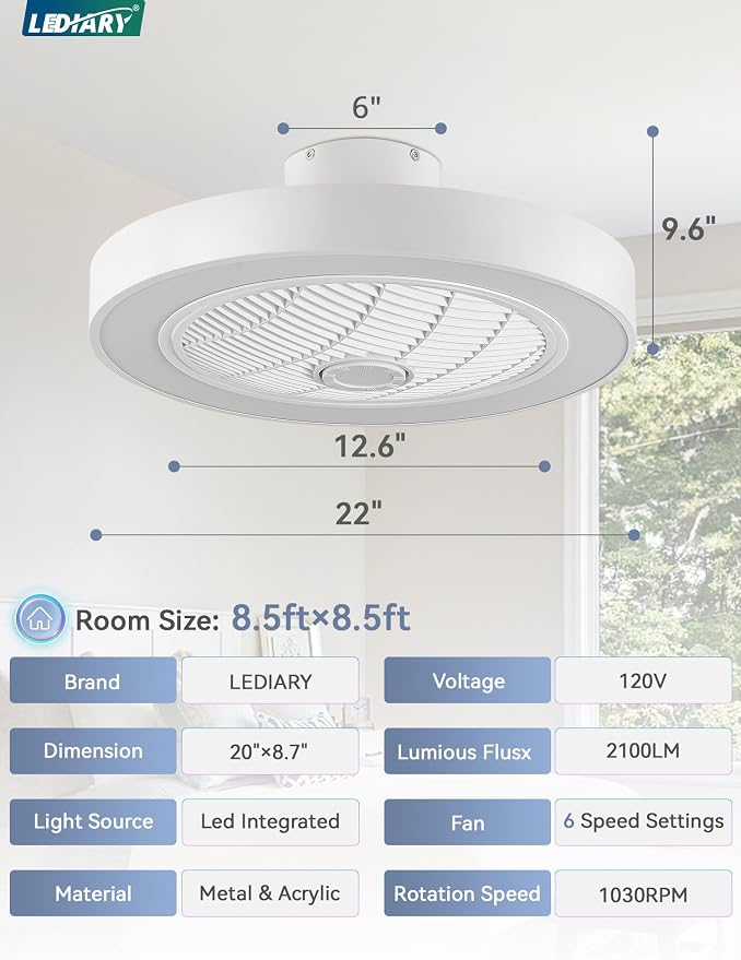 LEDIARY 22 Inch Low Profile Ceiling Fans with Lights, Led Bladeless Ceiling Fan, Remote Control Enclosed Flush Mount Ceiling Fan with Timming, 3000-6000K, 6 Wind Speed-White RGB
