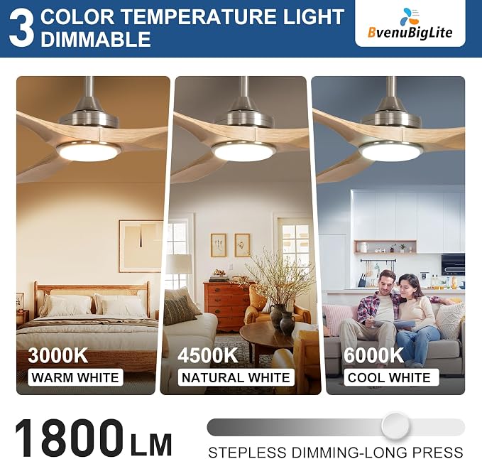 Outdoor Ceiling Fan with Light: 52 Inch 3 Blade Outdoor Fans for Patios - Modern Wood Ceiling Fan with Dimmable Light Remote APP Control Ultra Quiet Reversible DC Motor Timer