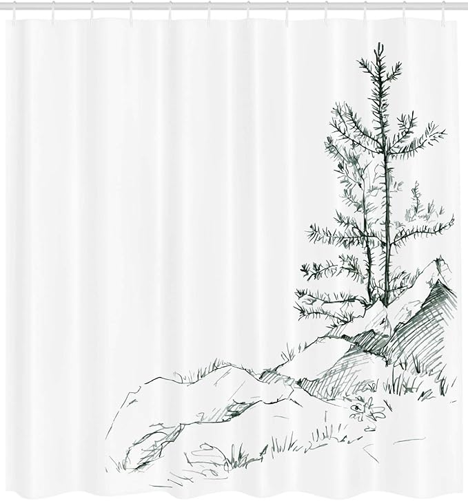 Ambesonne Sketchy Shower Curtain, Young Thin Pine Trees on Rocks Ecology Forest Park Habitat Landscape Sketch Print, Cloth Fabric Bathroom Decor Set with Hooks, 69" W x 70" L, White Charcoal