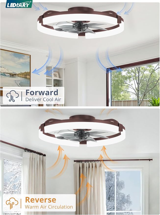 LEDIARY 20" Ceiling Fans with Lights and Remote, Modern Low Profile Ceiling Fan, 3 CCT, Stepless Dimmable, Fandelier Flush Mount Fan Light, 6 Speeds, DC Motor, App & Remote Control for Bedroom(Brown)