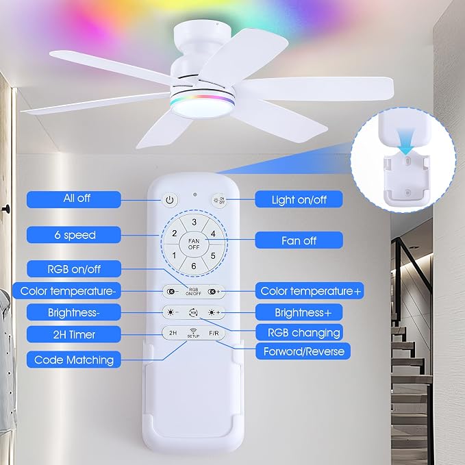 Kviflon 46" Modern Ceiling Fans with RGB Lights Remote/APP Control, Low Profile Flush Mount Ceiling Fan, 6 Reversible Plastic Blades 6 Speeds, RGB + 3 CCT Dimmable Lights for Bedroom Kidsroom, White