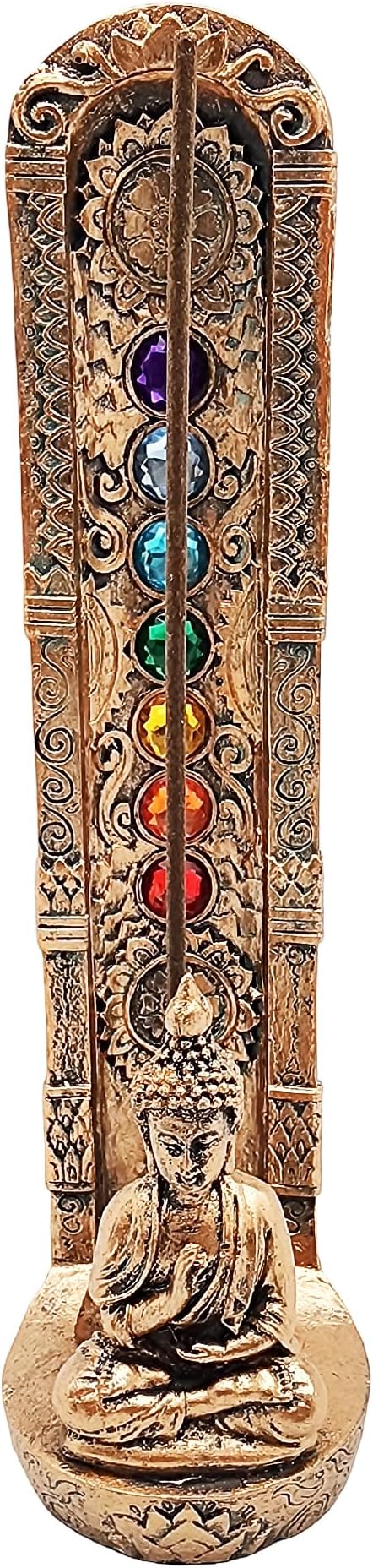 Standing Buddha Chakra Stone Incense Burner – Includes 7 Color Chakra Stones | Handcrafted Resin Holder for Sticks & Cones | Spiritual Meditation Decor for Home, Yoga, Reiki & Healing Rituals